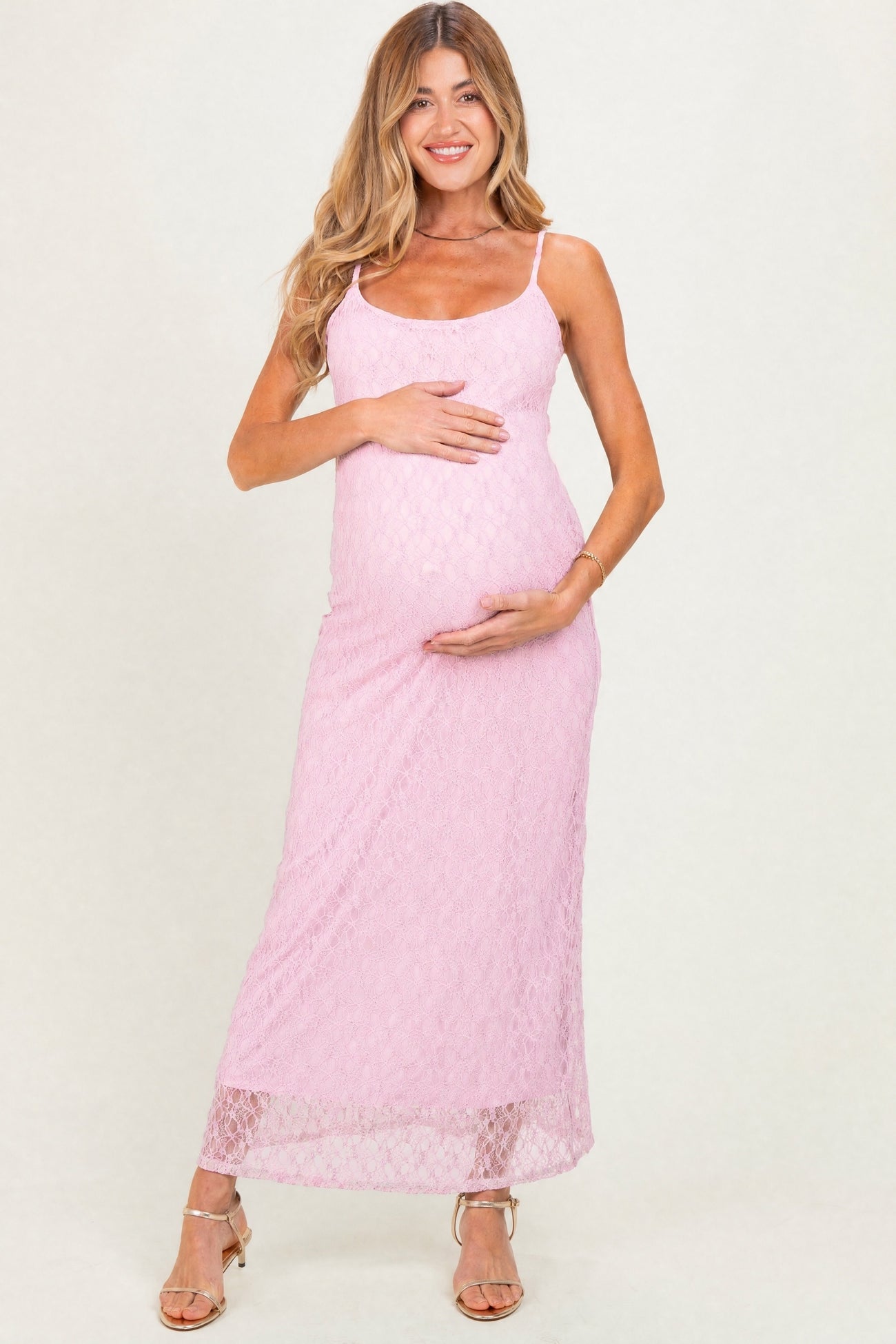 Pink Sleeveless Lace Square Neck Maternity Maxi Dress
