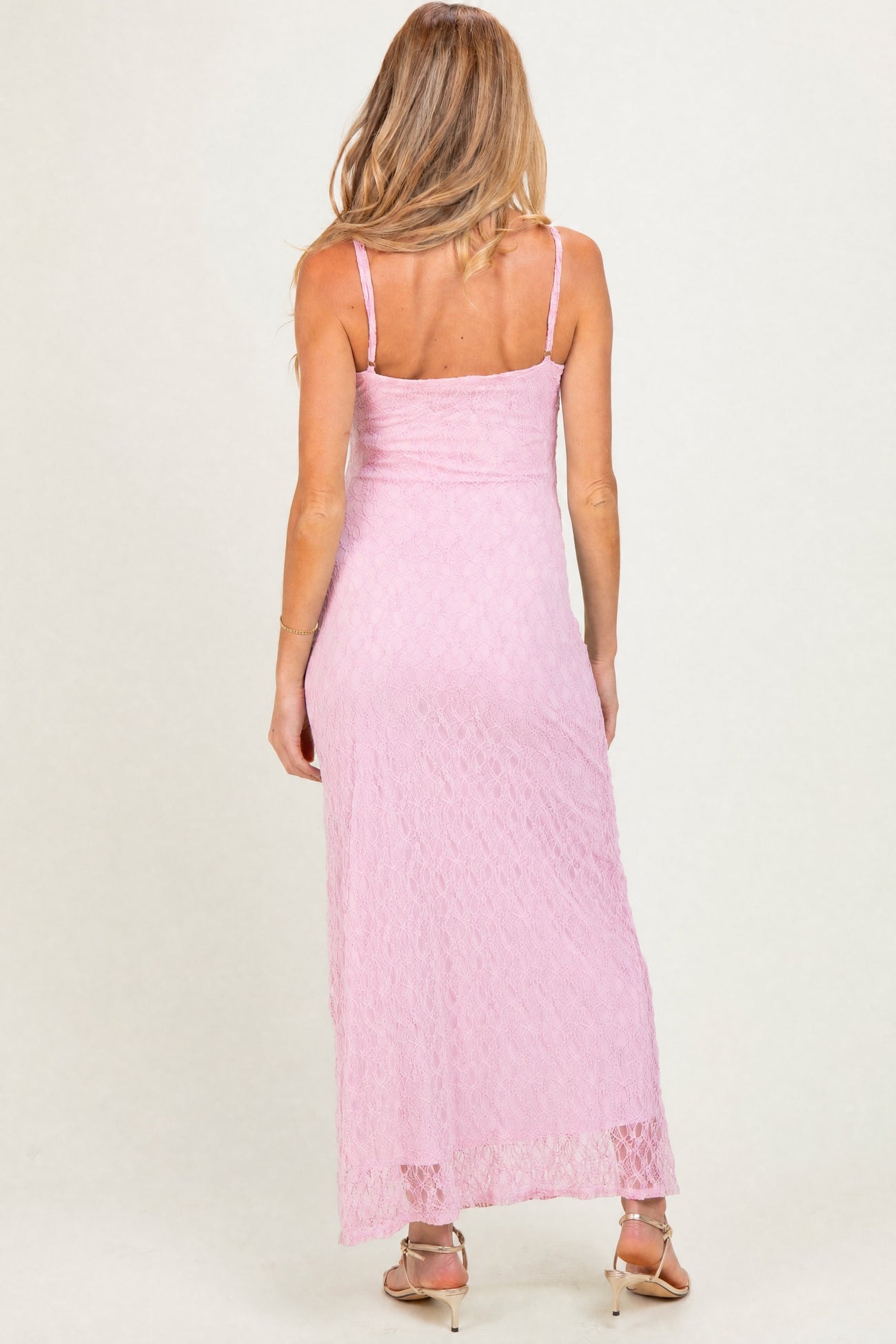 Pink Sleeveless Lace Square Neck Maternity Maxi Dress