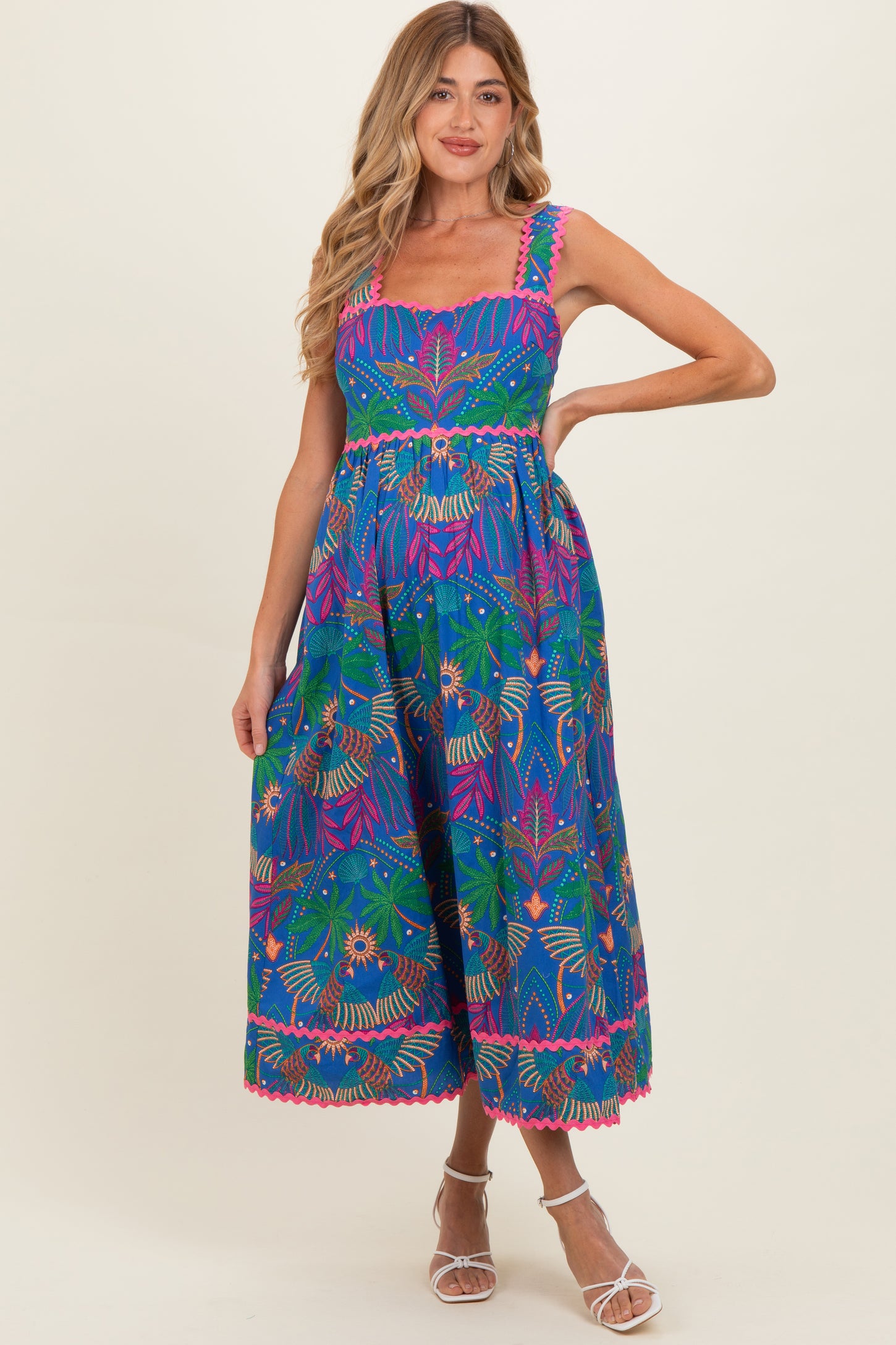 Navy Tropical Embroidery Maternity Midi Dress – PinkBlush