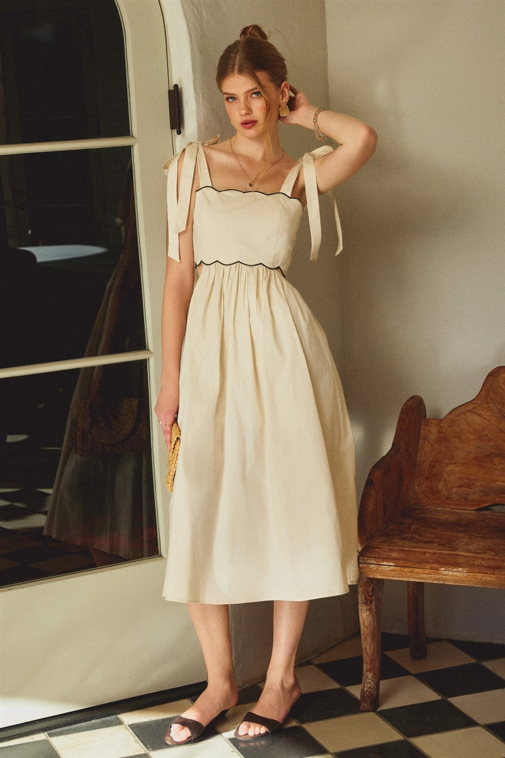 Cream Scallop Edge Side Cutout Maternity Midi Dress