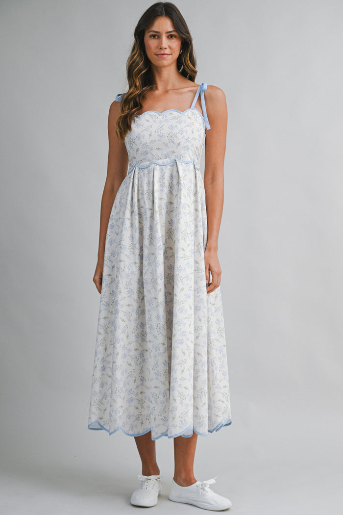 Blue Floral Scallop Hem Shoulder Tie Maternity Midi Dress