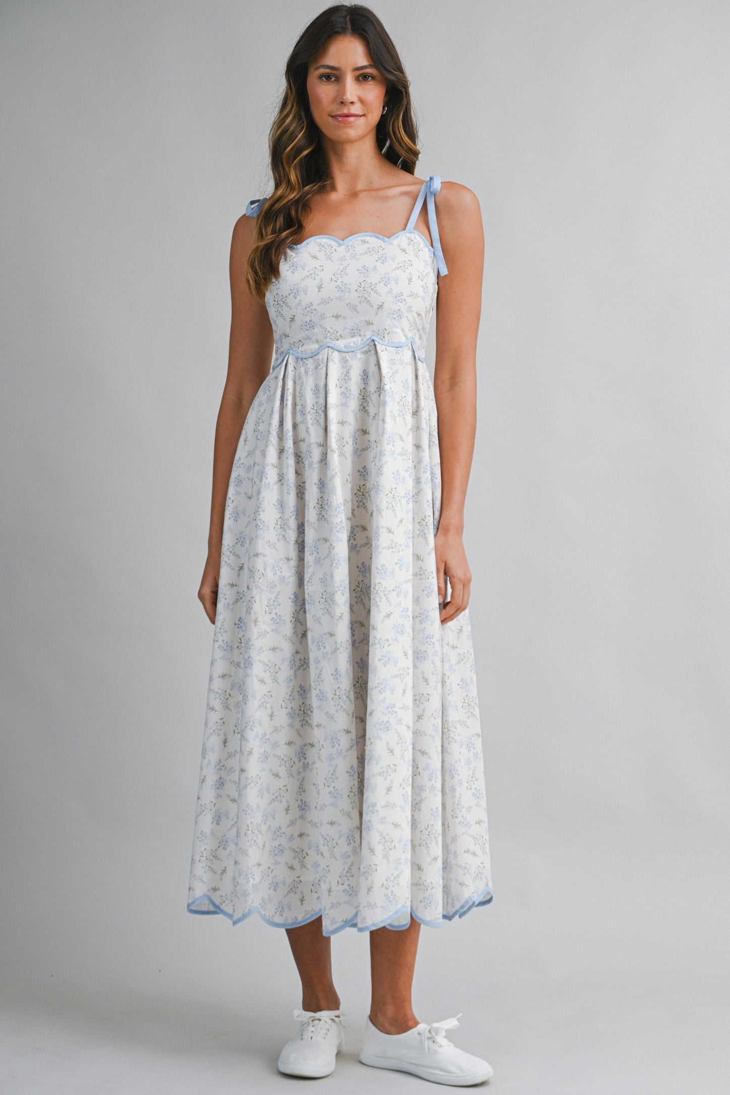 Blue Floral Scallop Hem Shoulder Tie Midi Dress – PinkBlush Blue Floral Scallop Hem Shoulder Tie Midi Dress – PinkBlush
