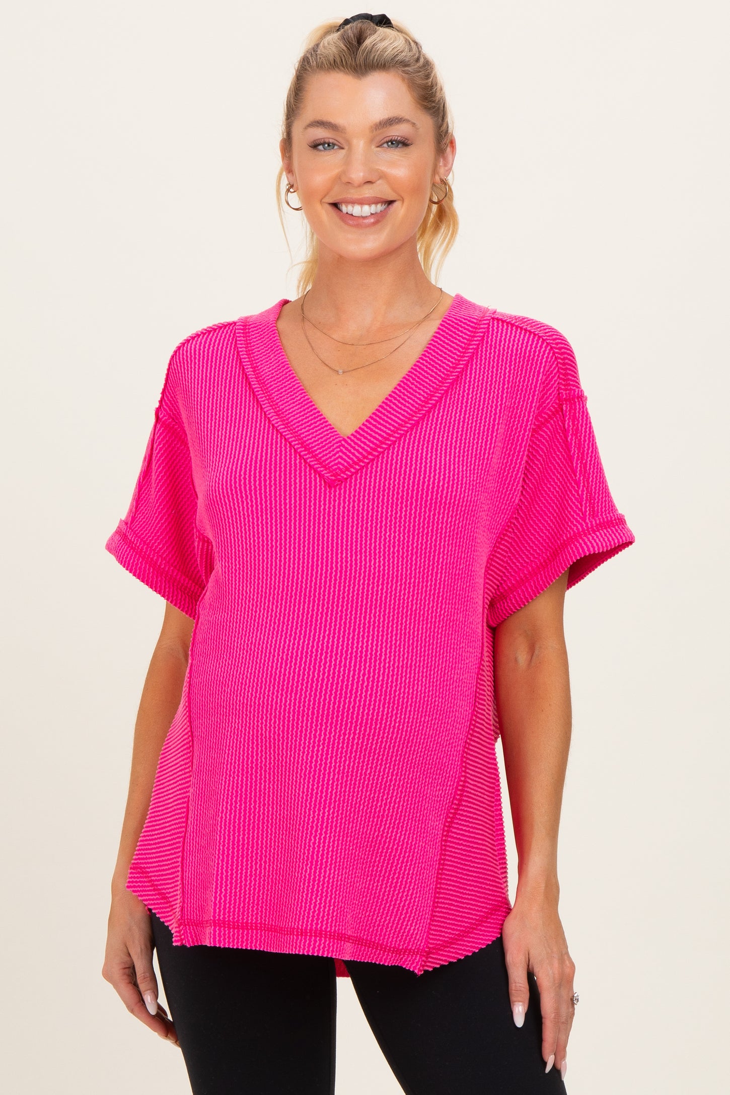 Fuchsia Ribbed Raw Hem Maternity Short Sleeve Top