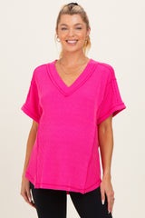 Fuchsia Ribbed Raw Hem Maternity Short Sleeve Top
