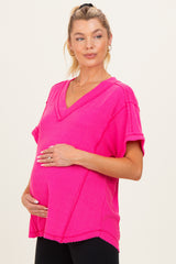 Fuchsia Ribbed Raw Hem Maternity Short Sleeve Top