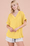 Yellow Ribbed Raw Hem Short Sleeve Top