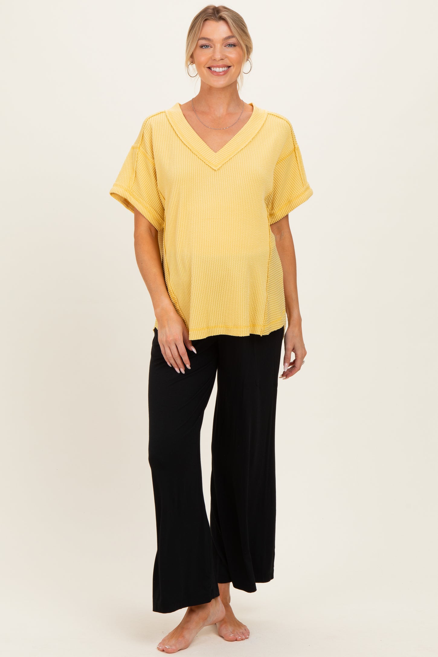 Yellow Ribbed Raw Hem Maternity Short Sleeve Top