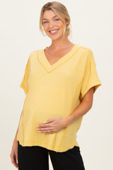 Yellow Ribbed Raw Hem Maternity Short Sleeve Top