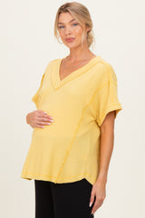 Yellow Ribbed Raw Hem Maternity Short Sleeve Top