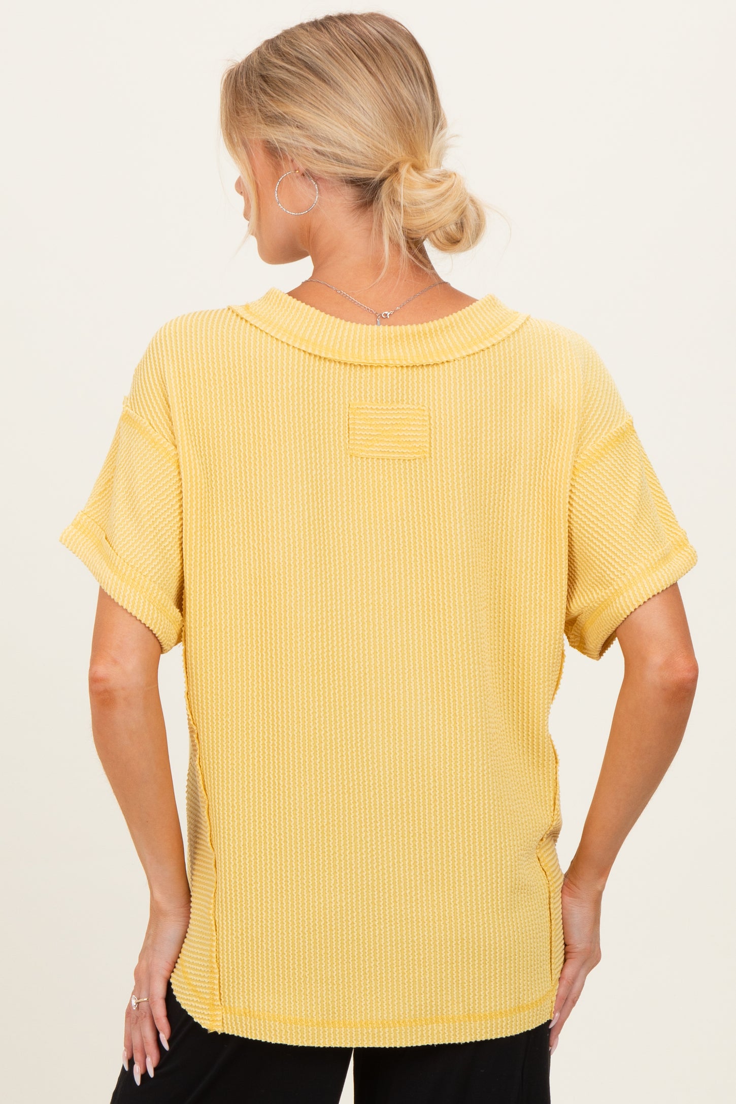 Yellow Ribbed Raw Hem Maternity Short Sleeve Top
