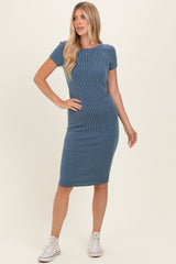 Denim Ribbed Short Sleeve Midi Dress