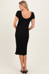 Black Ribbed Short Sleeve Maternity Midi Dress