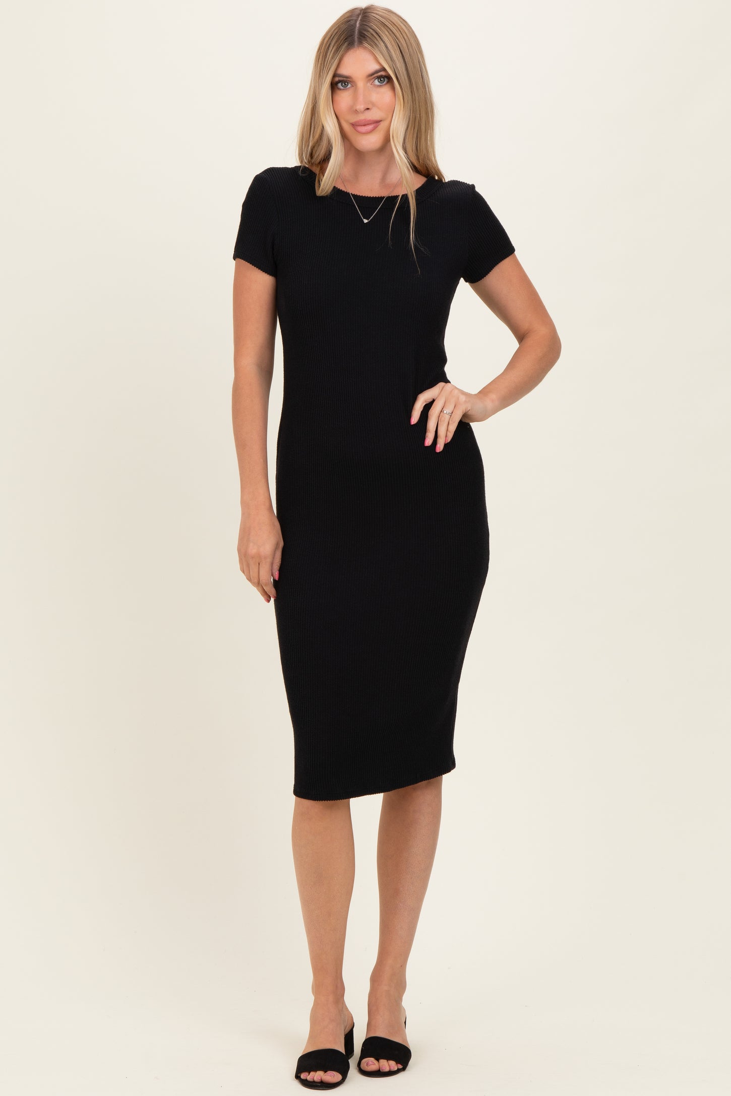 Black Ribbed Short Sleeve Midi Dress Black Ribbed Short Sleeve Midi Dress