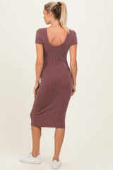 Red Brown Ribbed Short Sleeve Maternity Midi Dress