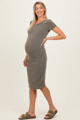 Olive Ribbed Short Sleeve Maternity Midi Dress