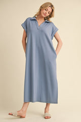 Denim Blue Collared Oversized Maternity Midi Dress