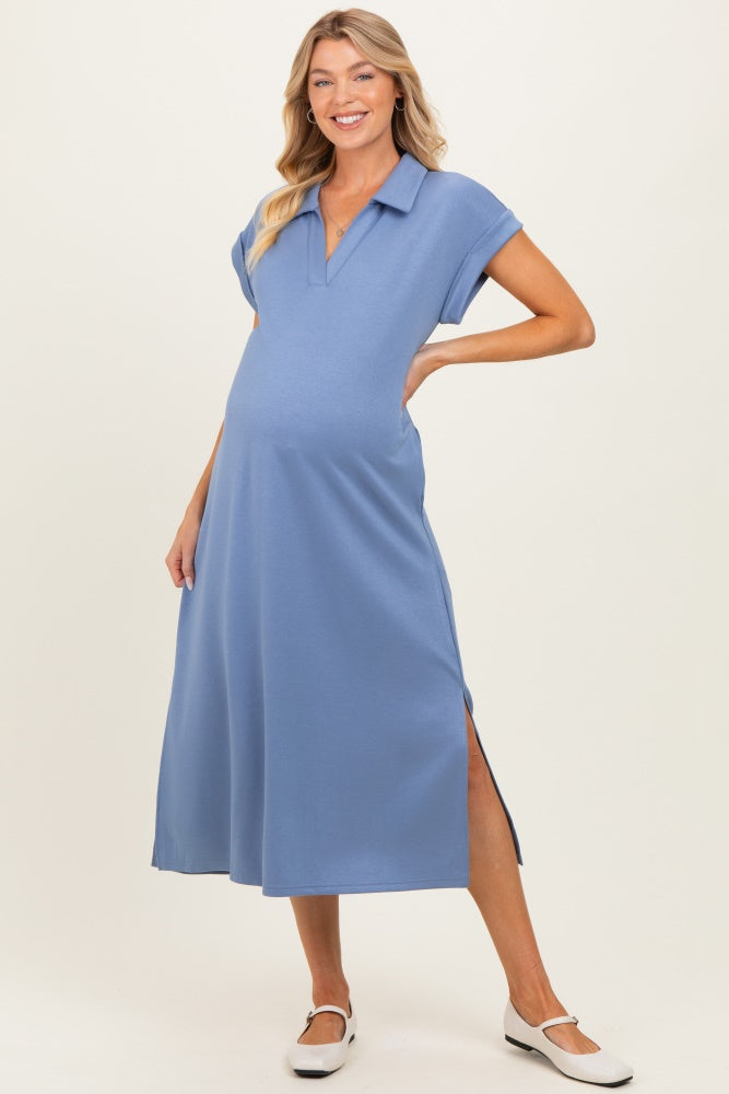 Denim Blue Collared Oversized Maternity Midi Dress