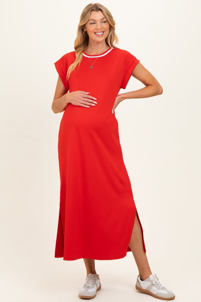 red midi maternity dress Red Halter Tied Criss-Cross Ribbed Maternity Midi Dress
