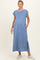 woman wearing a light blue maternity maxi dress with short sleeves and side slits, showing her baby bump
