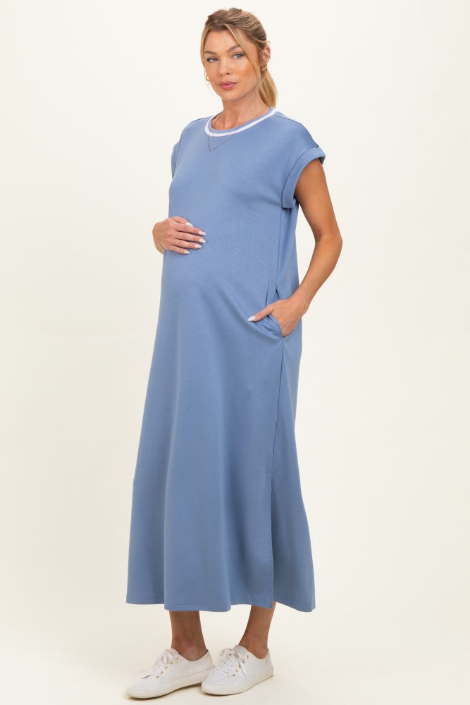 Denim Blue Side Slit Maternity Midi Dress