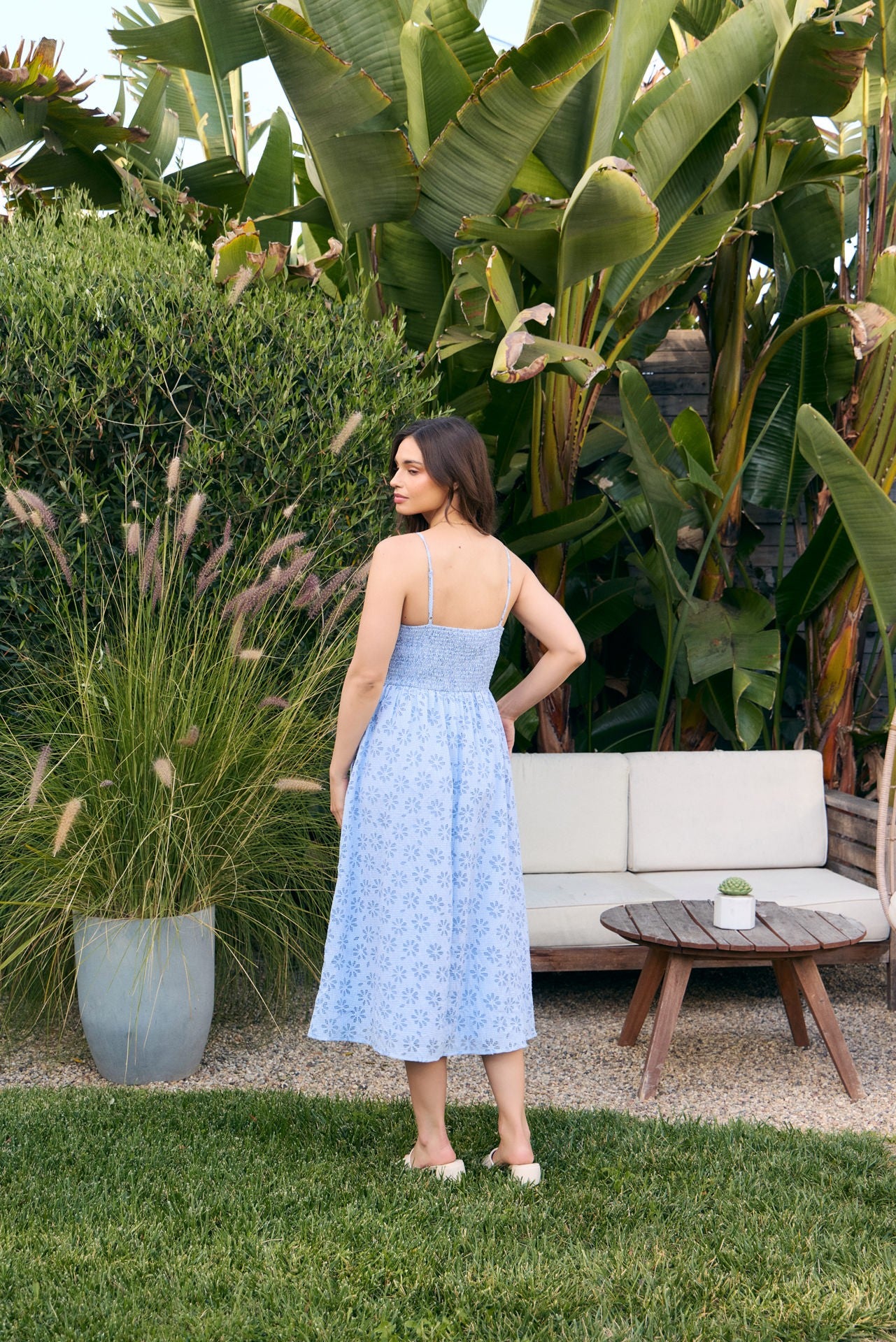 Powder Blue Floral Gingham Midi Dress