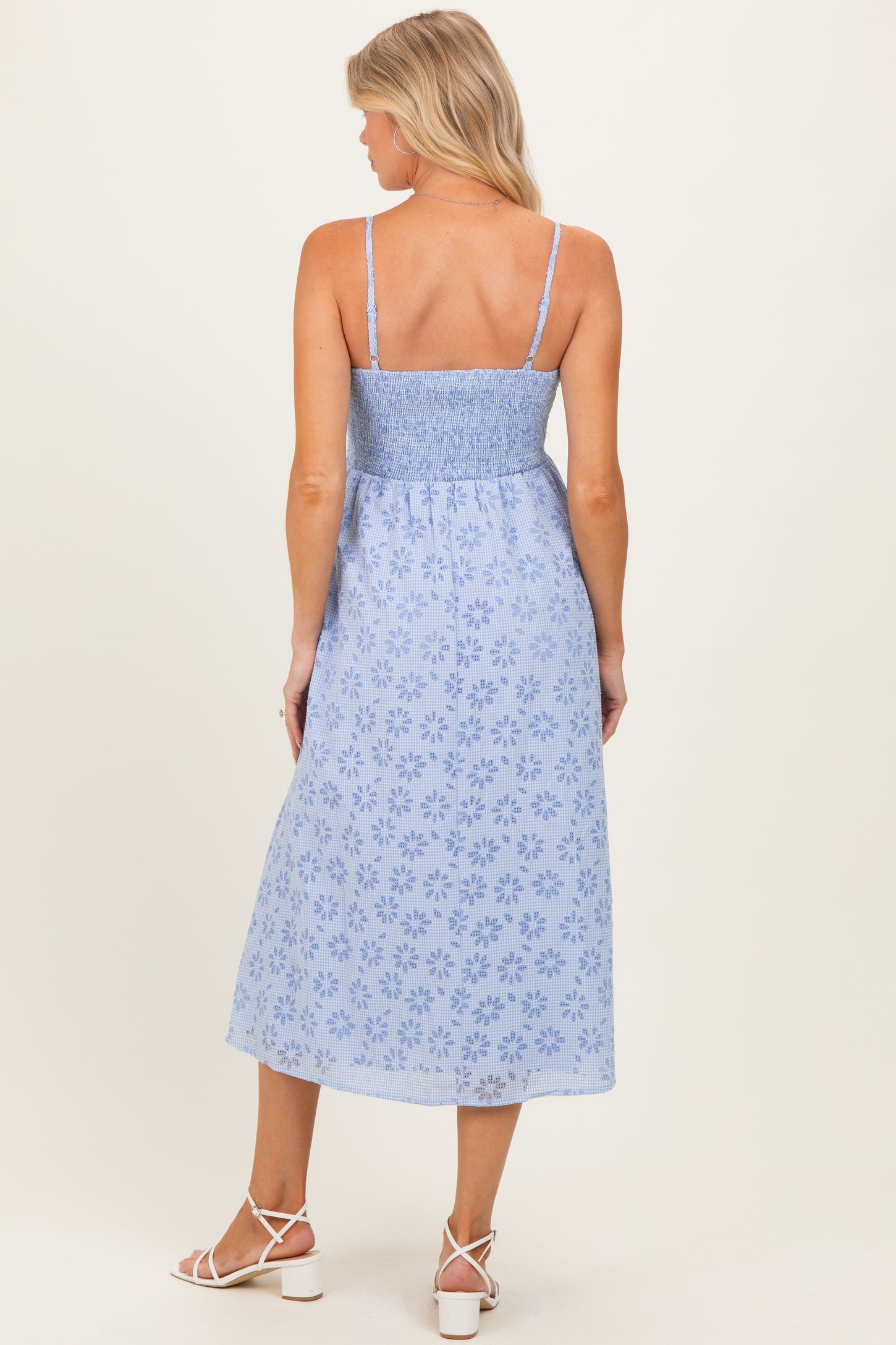 Powder Blue Floral Gingham Maternity Midi Dress