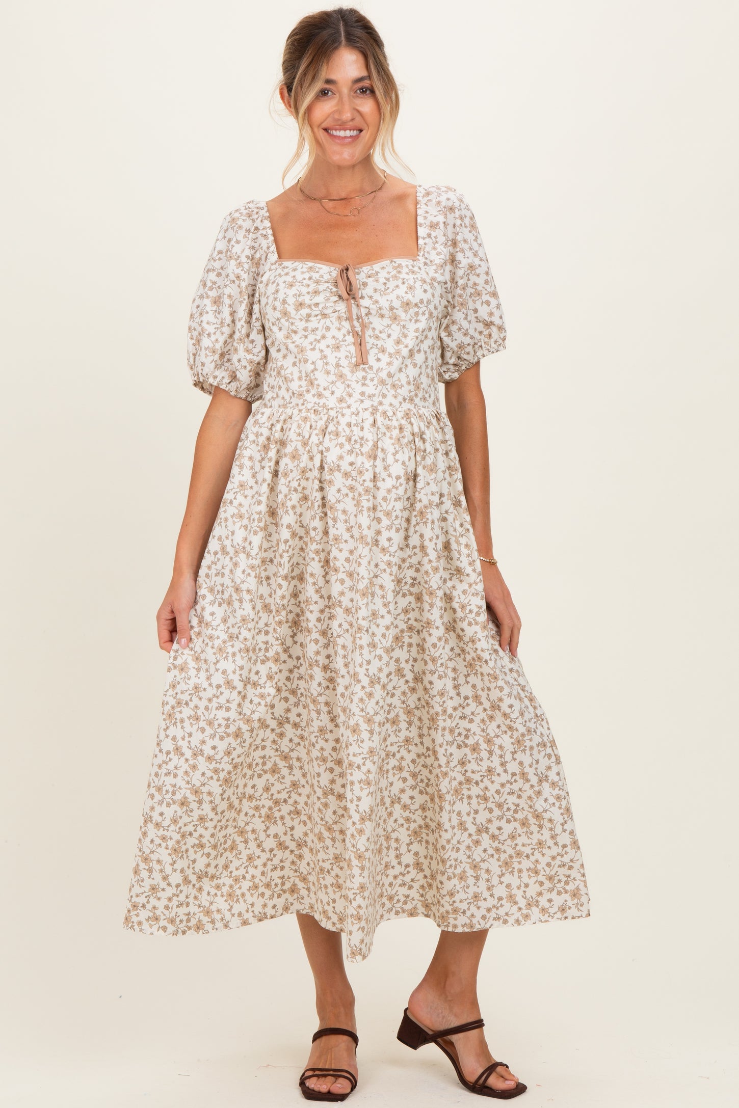 Cream Floral Puff Sleeve Maternity Midi Dress