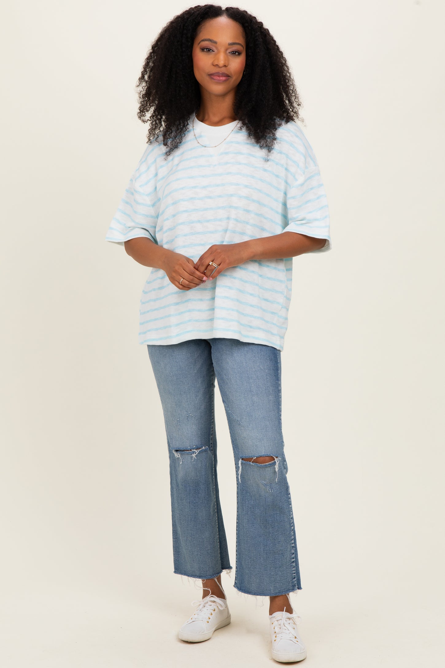 Light Blue Oversized Striped Short Sleeve Top