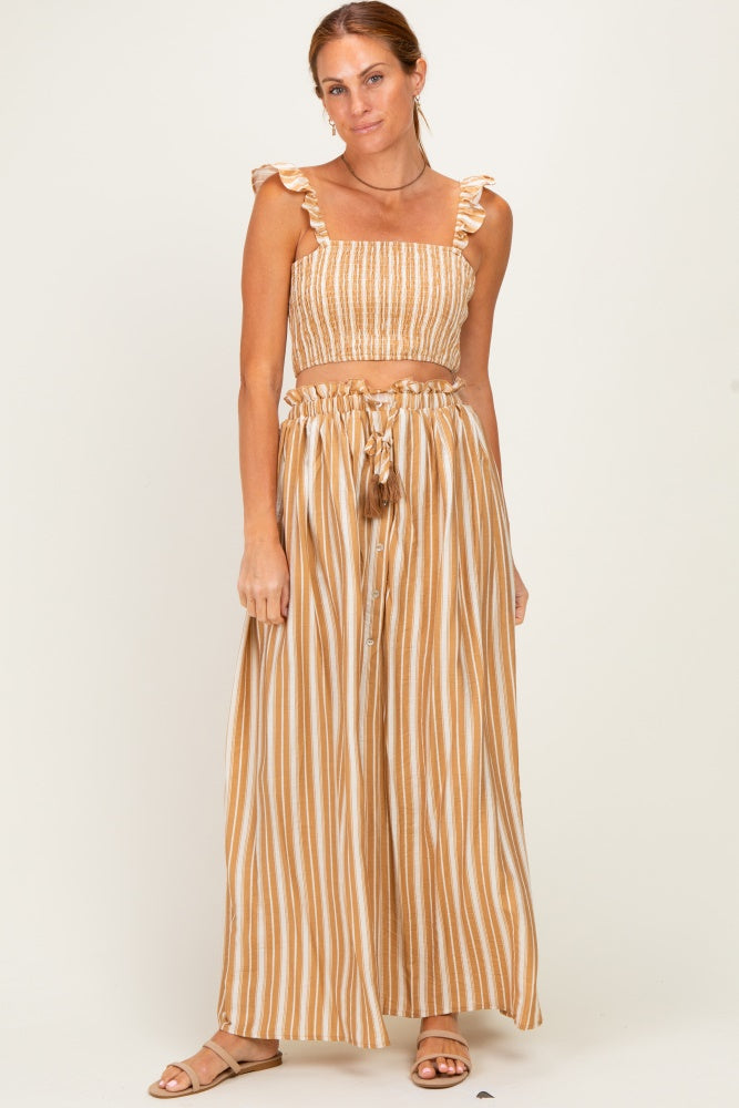 Beige Striped Smocked Crop Top Maxi Skirt Maternity Set