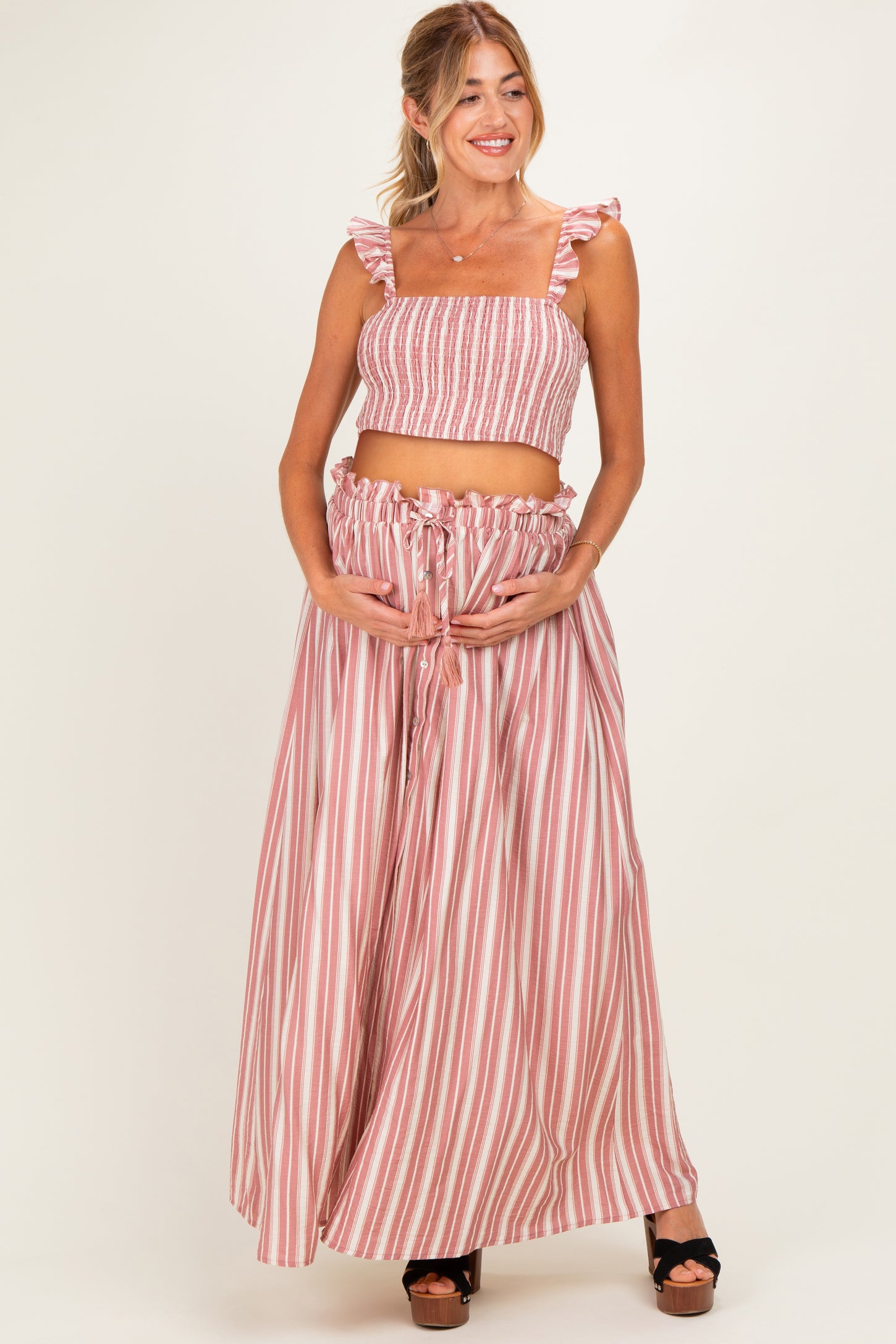 Rose Pink Striped Smocked Crop Top Maxi Skirt Maternity Set
