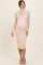woman wearing a nude long sleeve maternity dress with a fitted silhouette and a mock neck, showcasing her baby bump