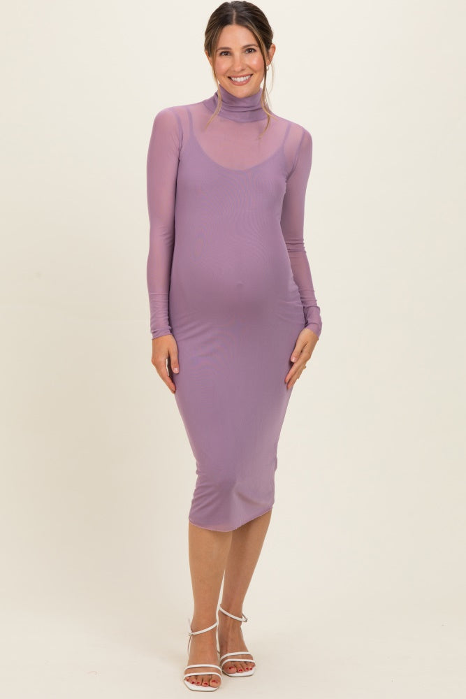 purple mesh sleeve dress Dusty Lavender Mesh Overlay Fitted Maternity Midi Dress – PinkBlush