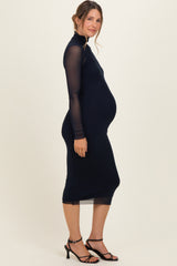 Navy Mesh Overlay Fitted Maternity Midi Dress