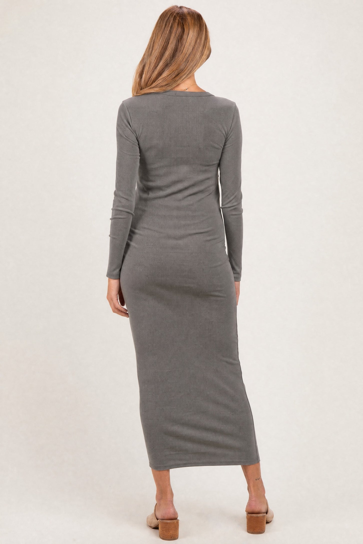 Olive Ribbed Fitted Long Sleeve Maternity Midi Dress