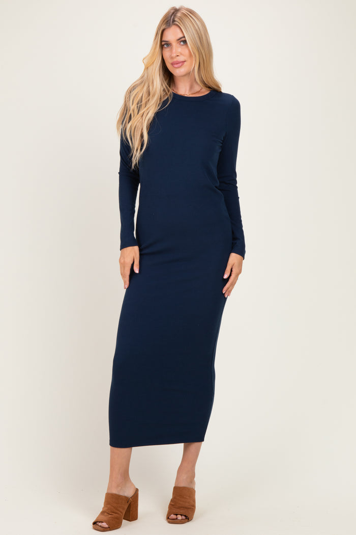 Navy Ribbed Fitted Long Sleeve Maternity Midi Dress