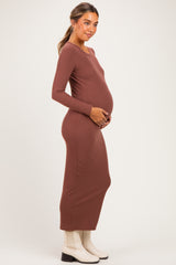 Red Brown Ribbed Fitted Long Sleeve Maternity Midi Dress