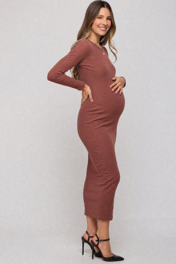 Red Brown Ribbed Fitted Long Sleeve Maternity Midi Dress