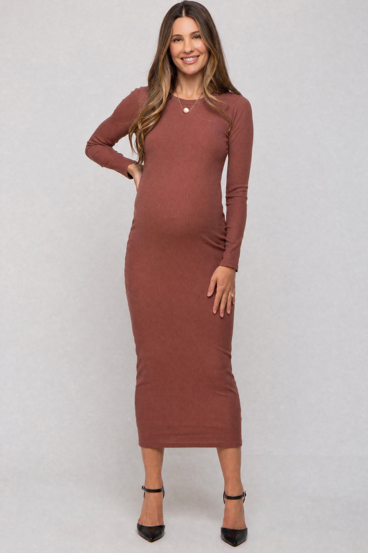 Red Brown Ribbed Fitted Long Sleeve Maternity Midi Dress
