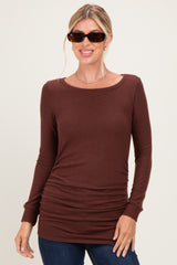 Brown Soft Knit Ruched Maternity Top