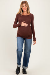 Brown Soft Knit Ruched Maternity Top