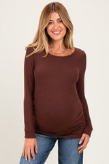 Brown Soft Knit Ruched Maternity Top