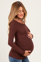 Brown Soft Knit Ruched Maternity Top