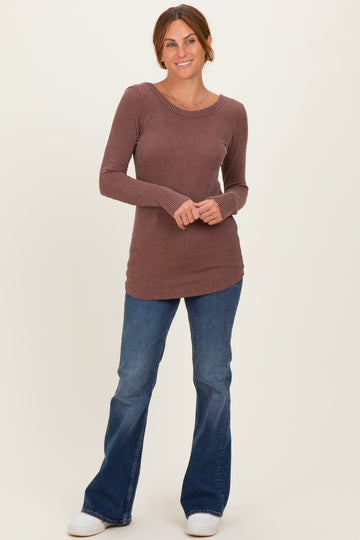 Brown Ribbed Scoop Neck Long Sleeve Top