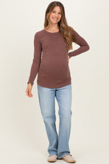 Brown Ribbed Scoop Neck Long Sleeve Maternity Top