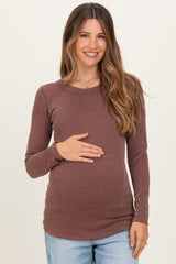 Brown Ribbed Scoop Neck Long Sleeve Maternity Top