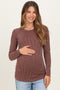 Brown Ribbed Scoop Neck Long Sleeve Maternity Top