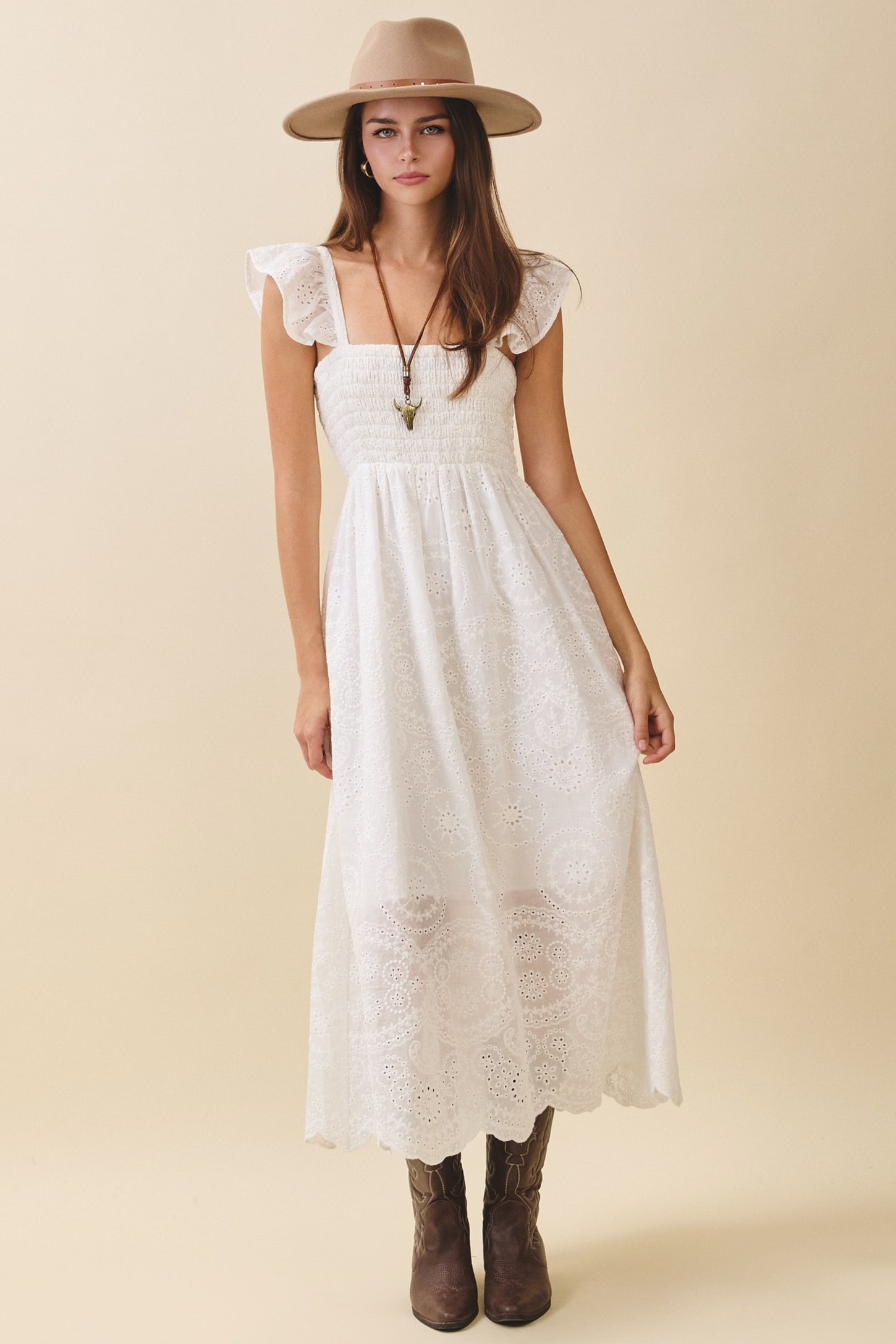White Embroidered Smocked Cutout Midi Dress