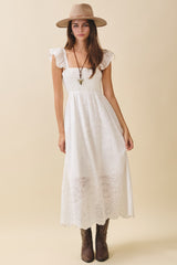 White Embroidered Smocked Cutout Midi Dress