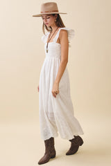 White Embroidered Smocked Cutout Midi Dress