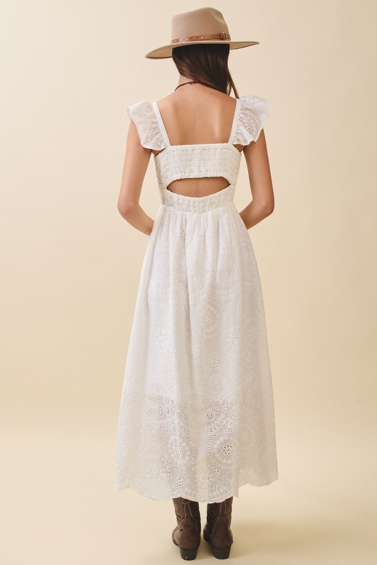 White Embroidered Smocked Cutout Midi Dress